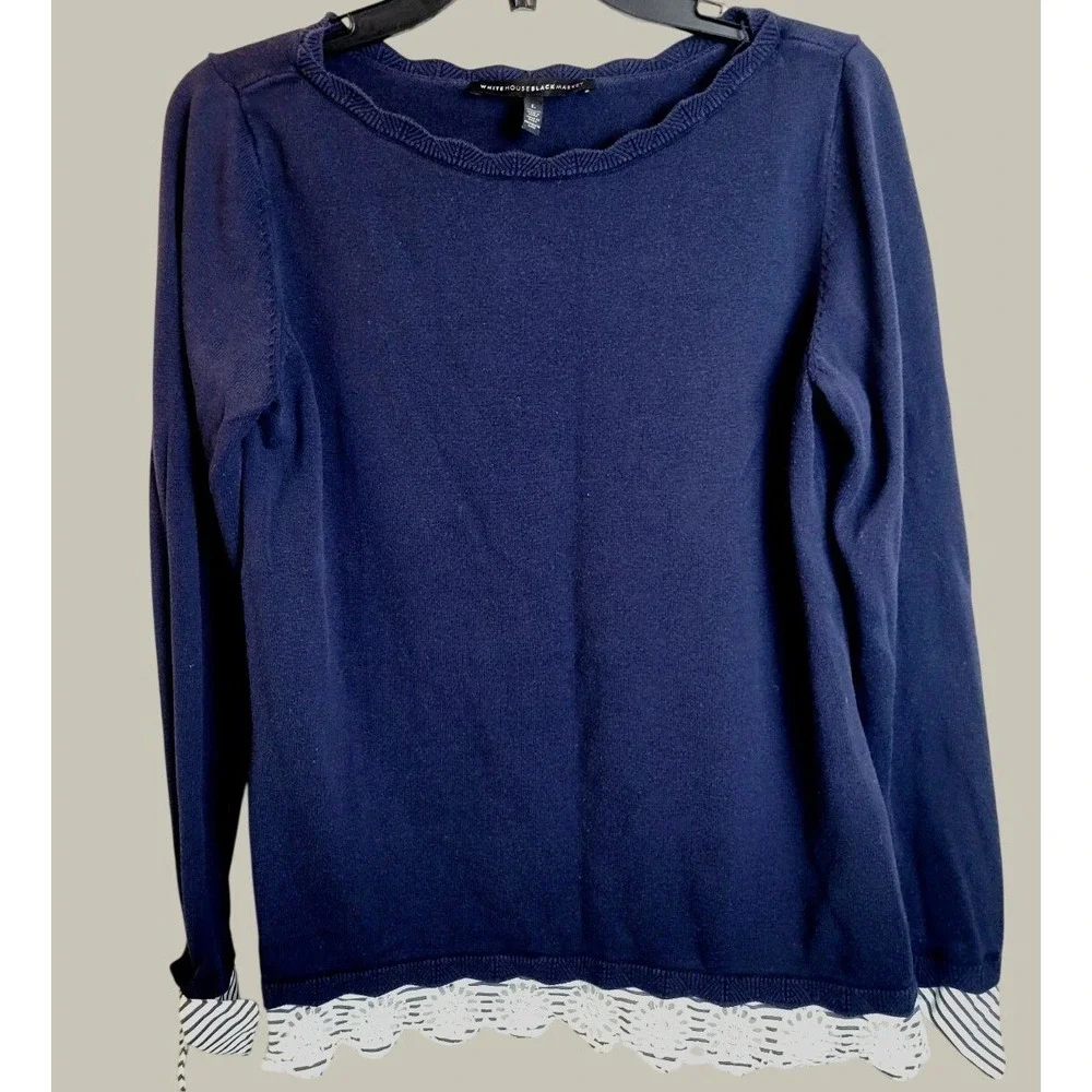 White House Black Market Sweater Lace Hem Striped Cuff Knit Pullover Navy Blue L